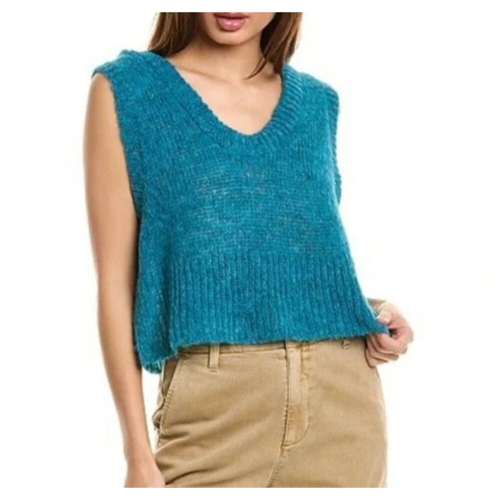 FREE PEOPLE Dream Maker Alpaca Blend Vest Lrg Biscay Bay Cropped Layering Piece